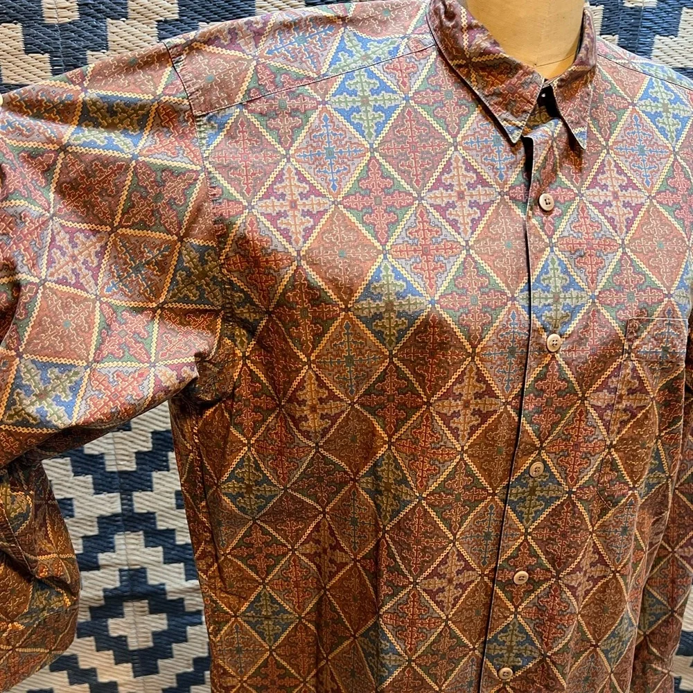 VINTAGE 80s Banana Republic Safari 100% cotton button down‎ shirt argyle diamond